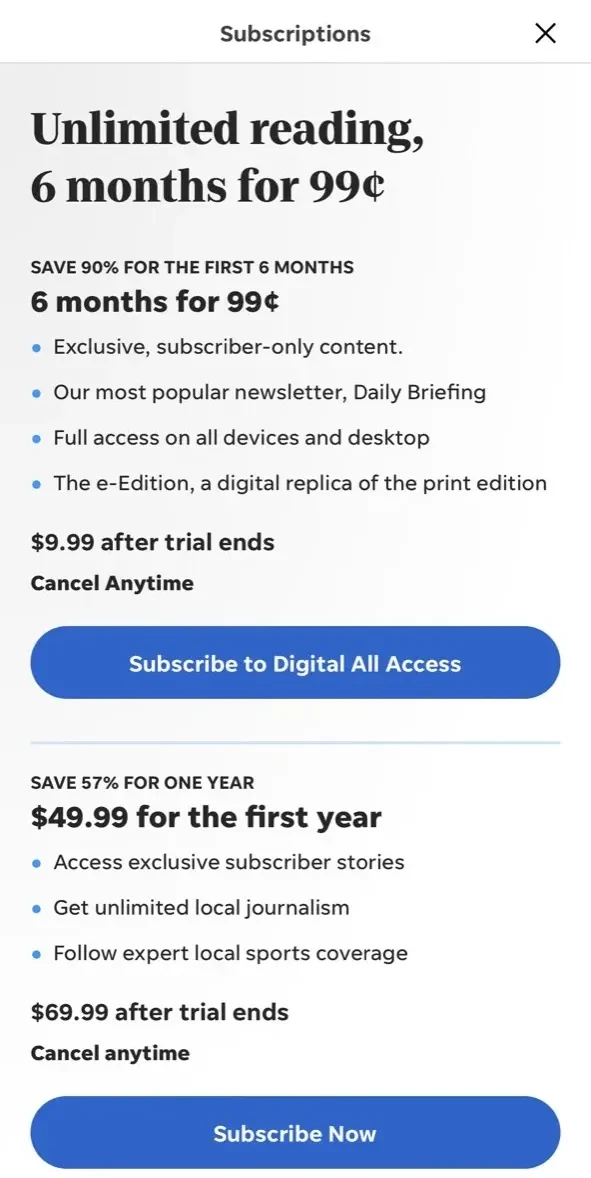 Reno Gazette Journal paywall screen