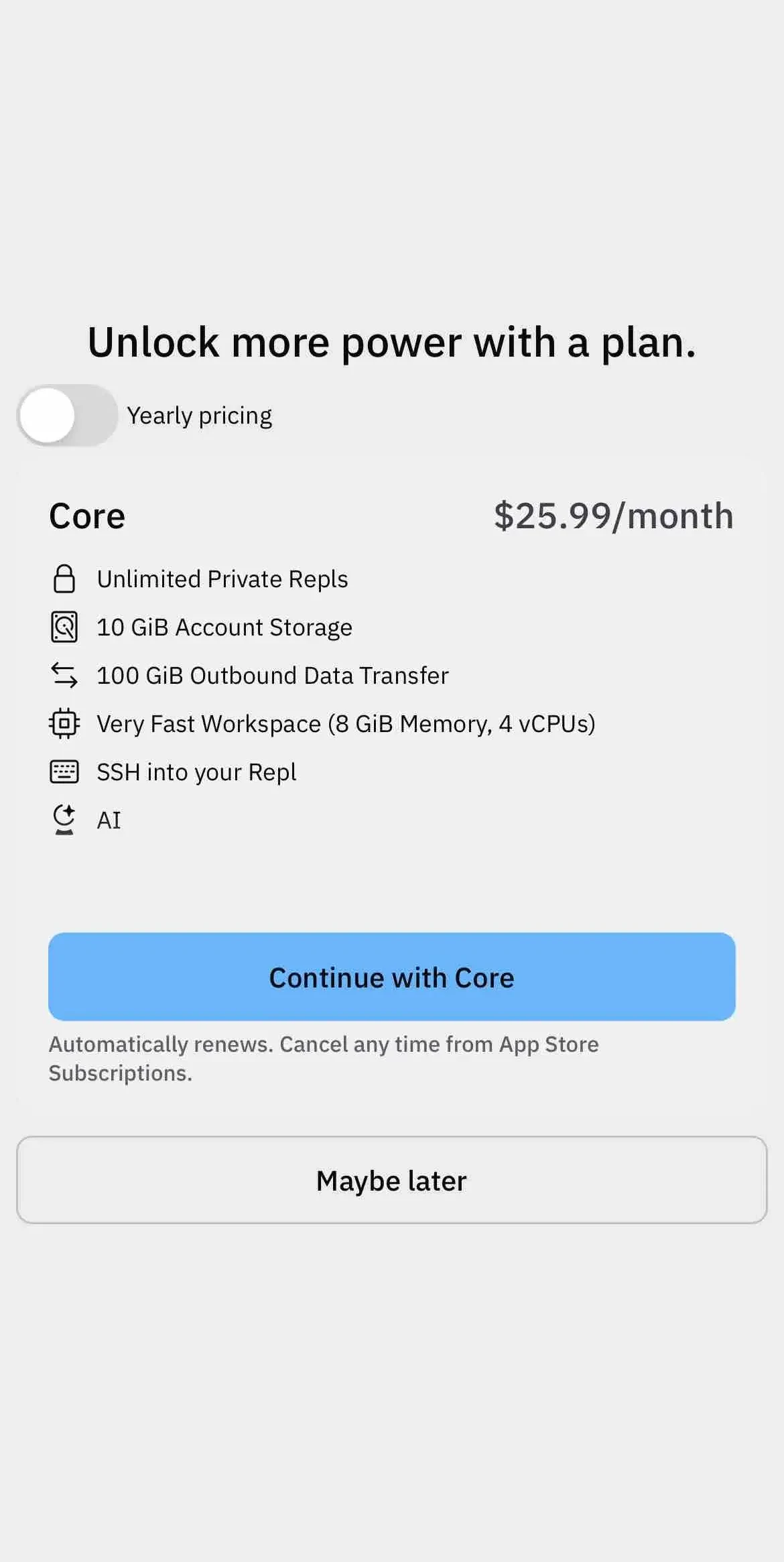 Replit paywall screen