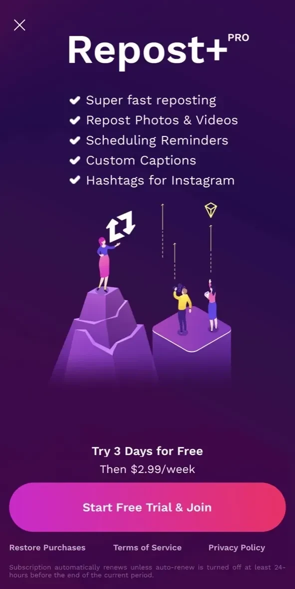 Repost+ paywall screen