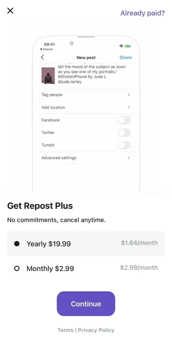 Repost paywall screen