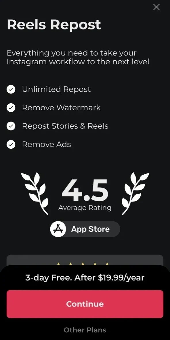 Repost Reels paywall screen