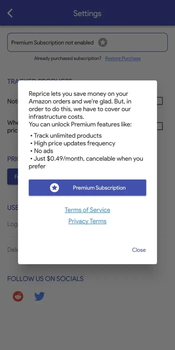 Price Tracker paywall screen