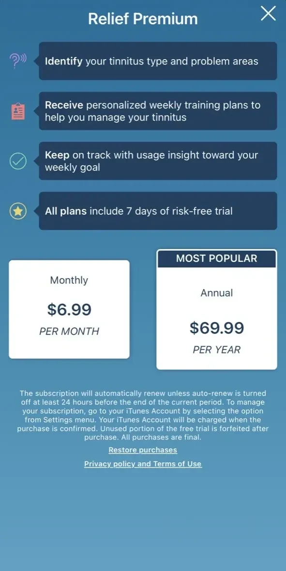 ReSound Tinnitus Relief paywall screen