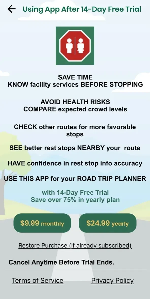 Rest Stops Ahead paywall screen
