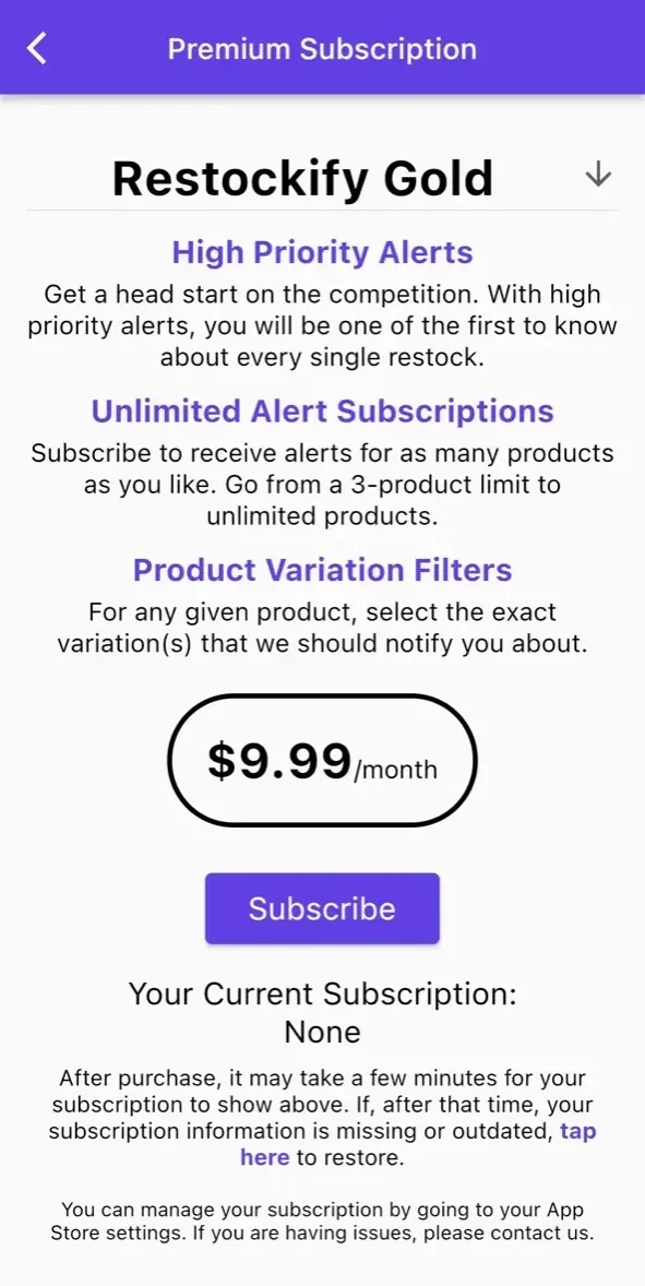 Restockify paywall screen
