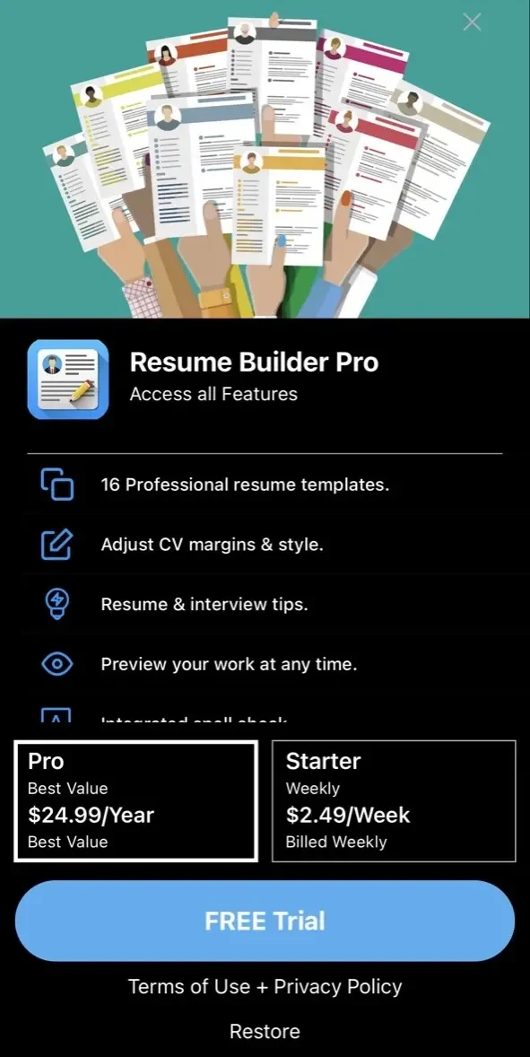Resume Builder paywall screen