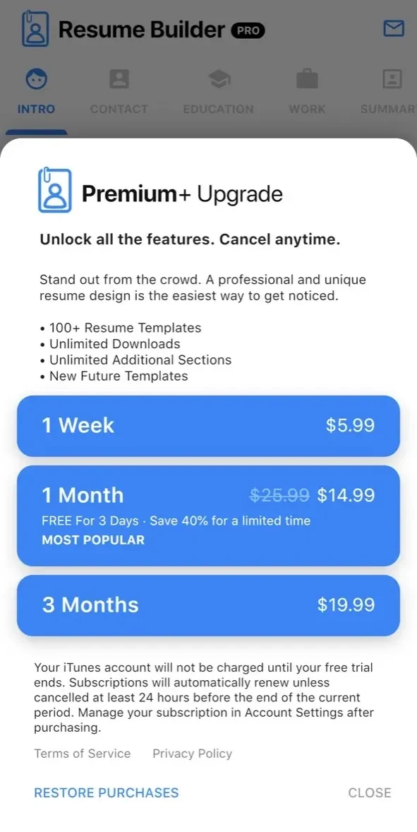 Resume Builder+ Free Edition paywall screen
