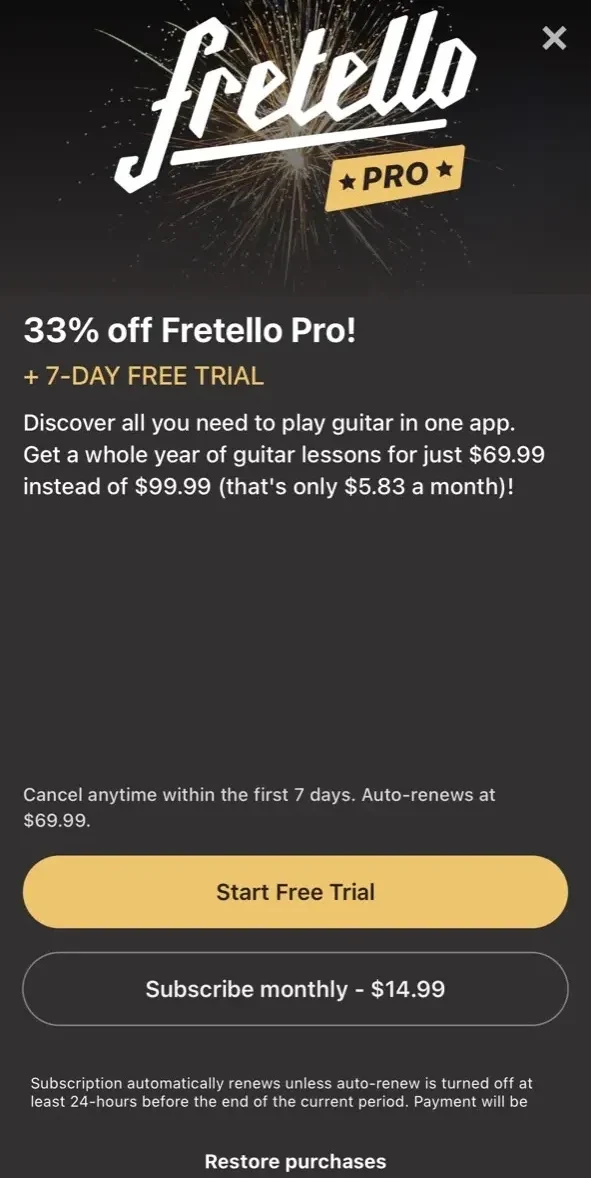 Fretello Guitar Lessons paywall screen