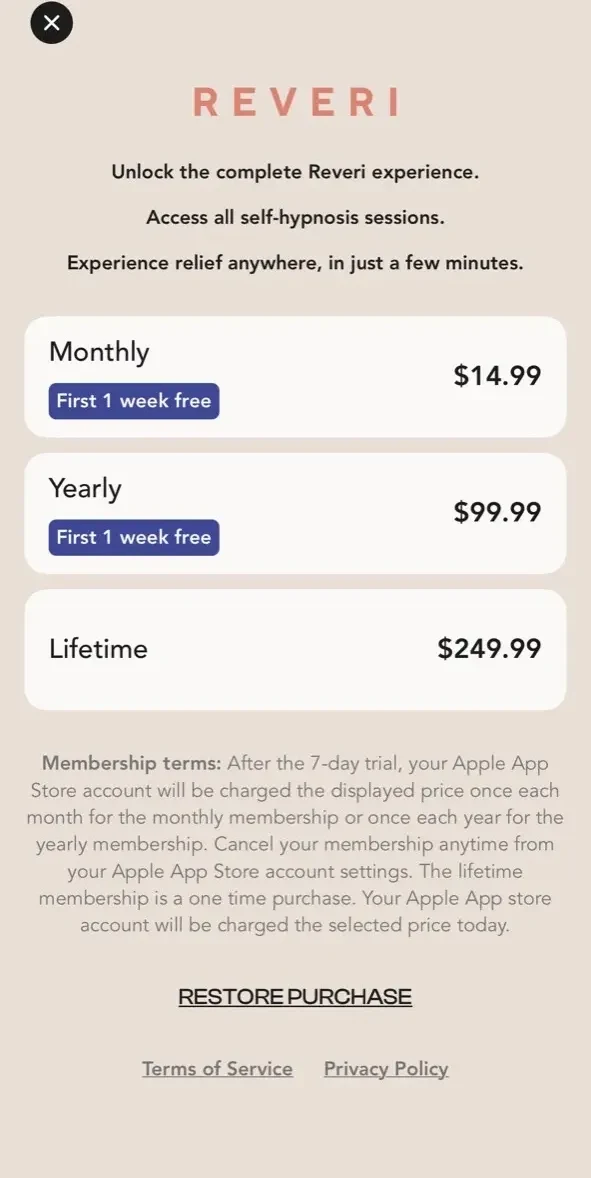 Reveri paywall screen