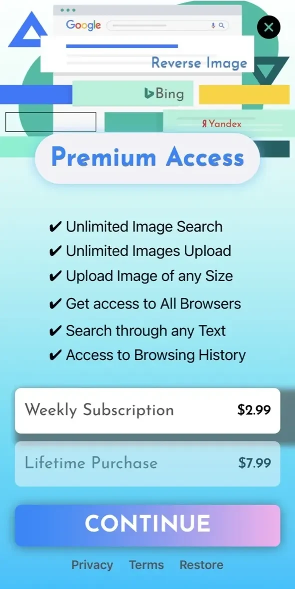 Reverse Image Search paywall screen
