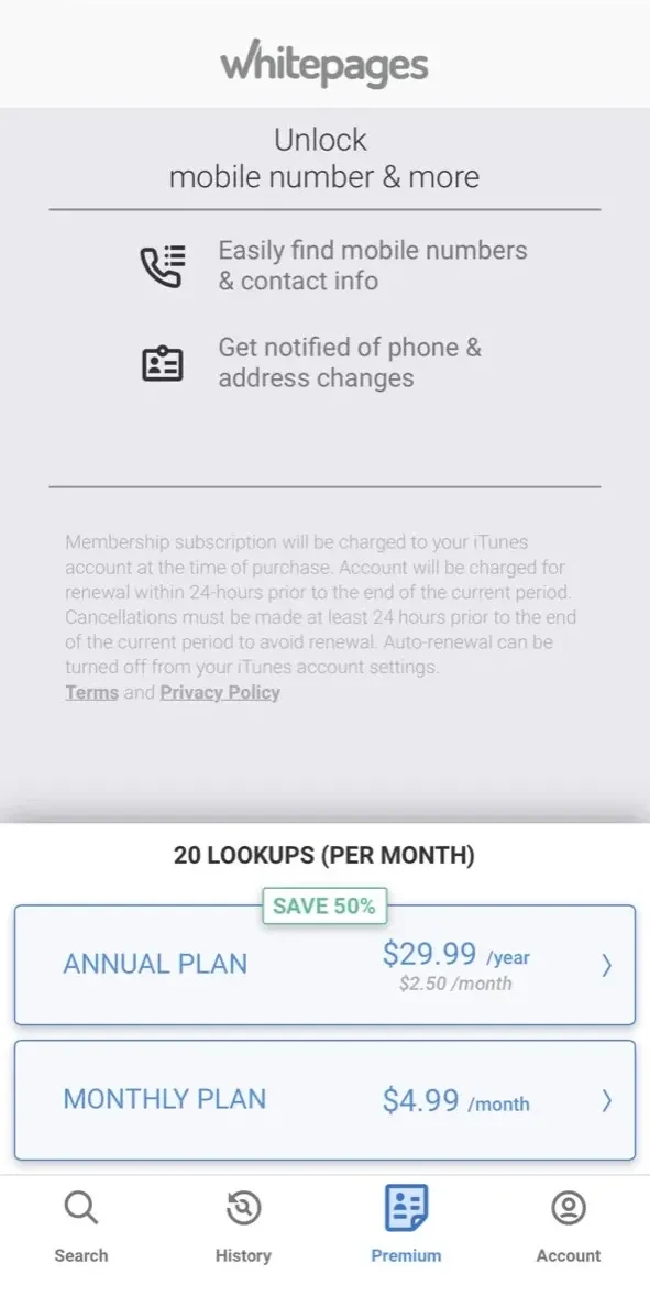 Reverse Phone Lookup paywall screen