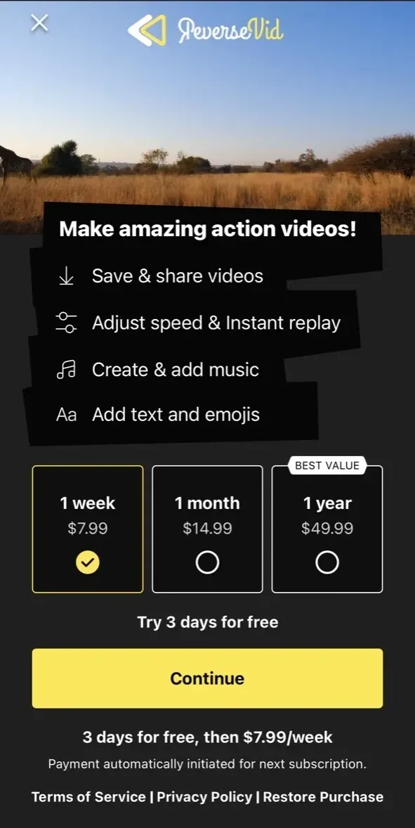 Reverse Vid paywall screen