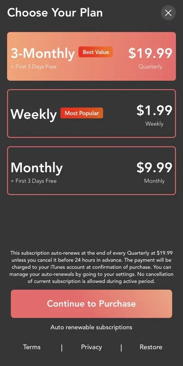Reverse Video paywall screen