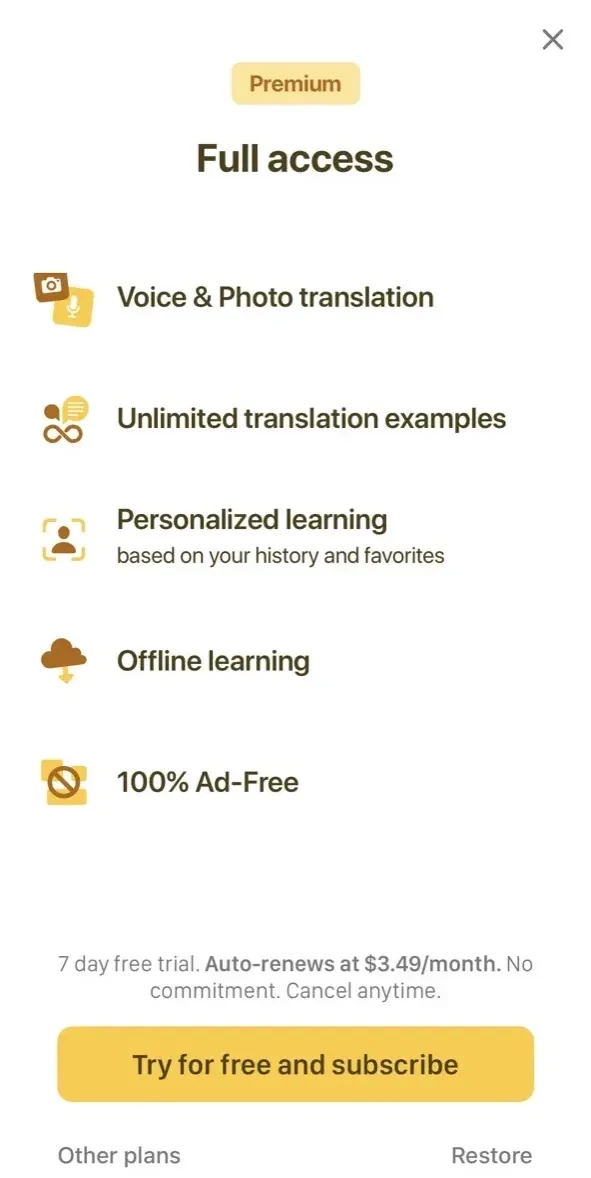Reverso translate paywall screen