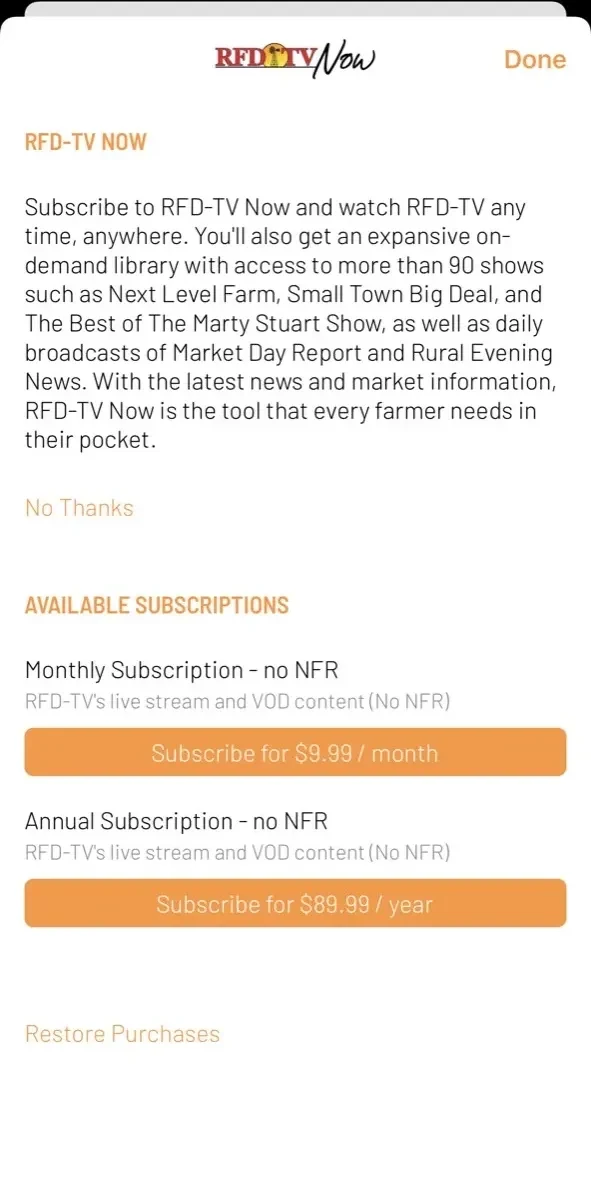 RFD-TV Now paywall screen