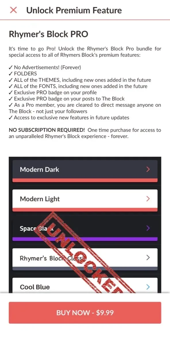 Rhymer's Block paywall screen