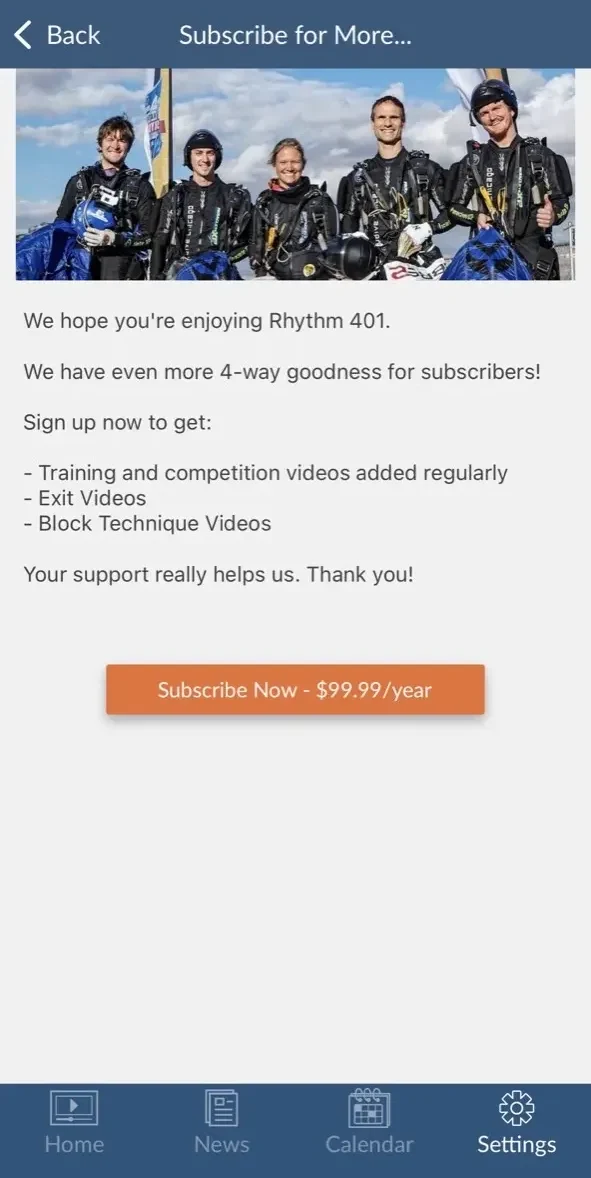 Rhythm Skydiving 401 paywall screen