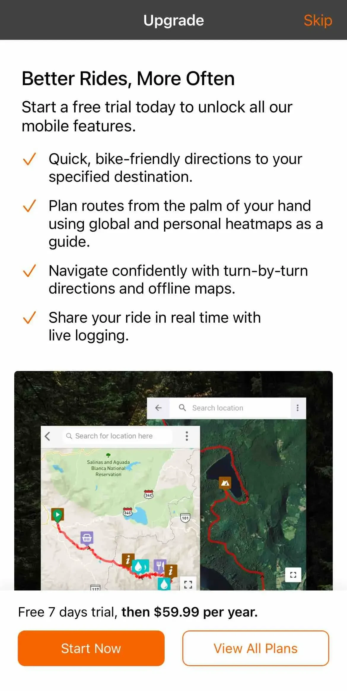 Ride with GPS paywall screen