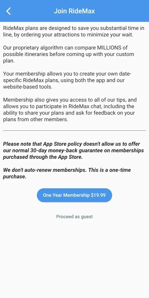 RideMax WDW paywall screen