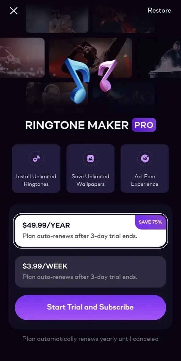 Ringtone Maker Garage paywall screen