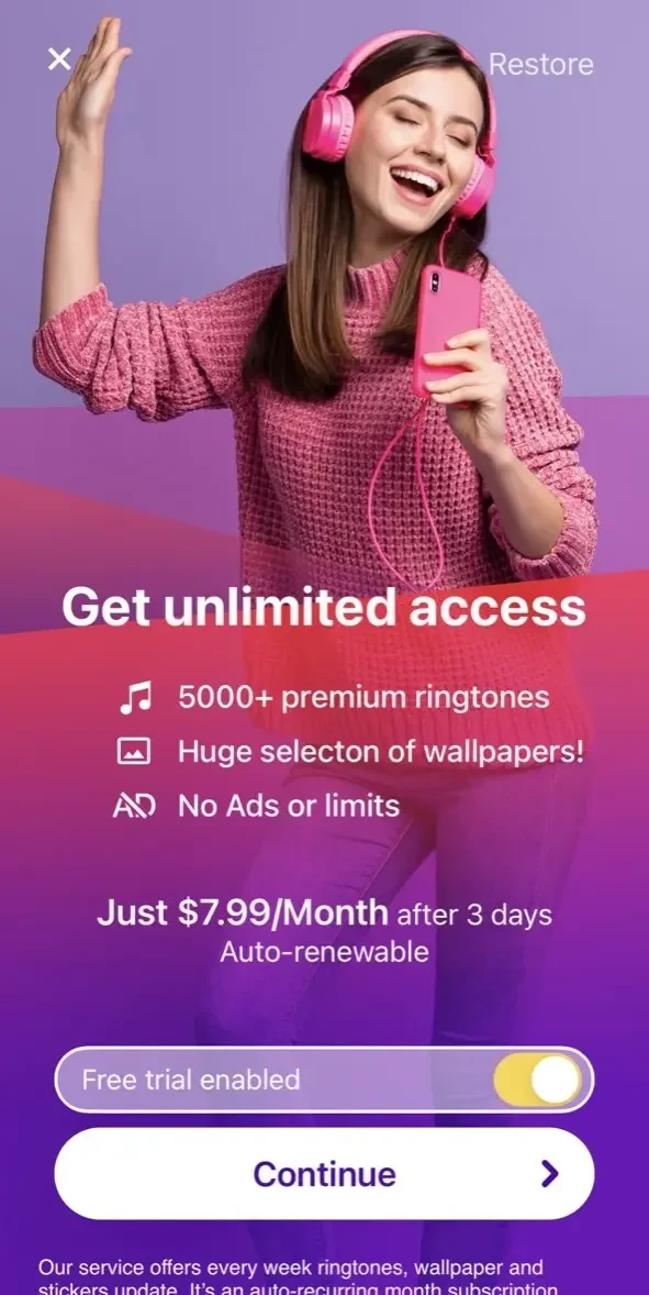 RINGTONES paywall screen