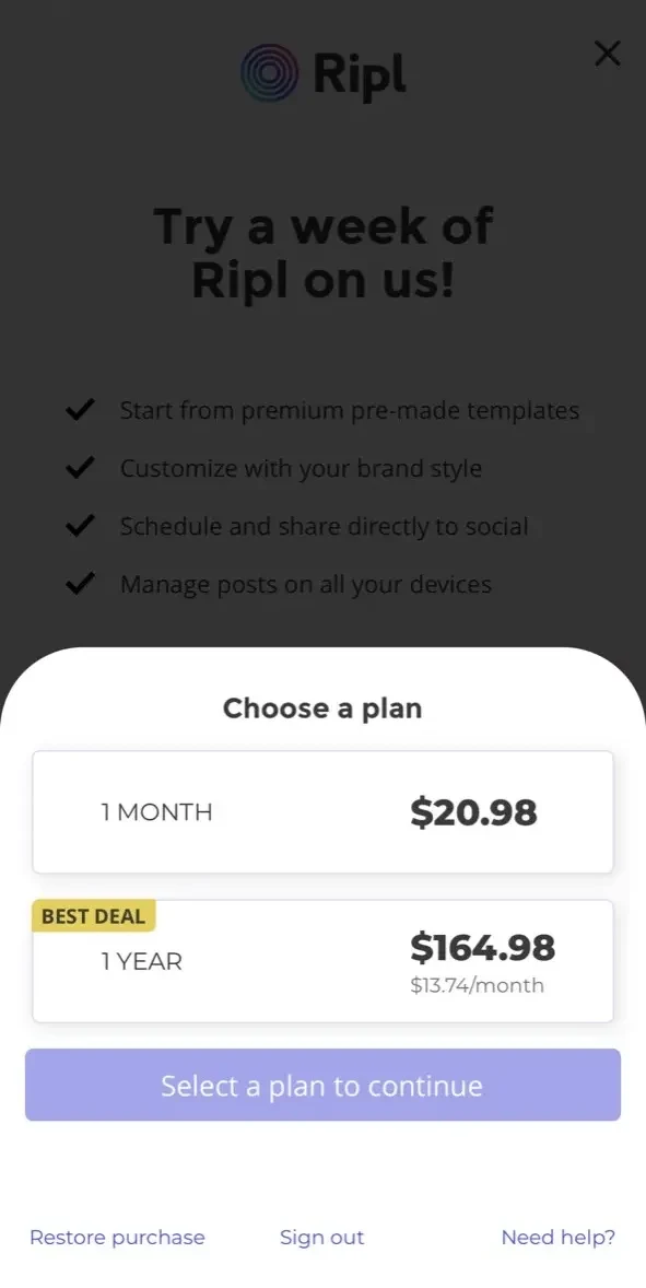 Ripl paywall screen