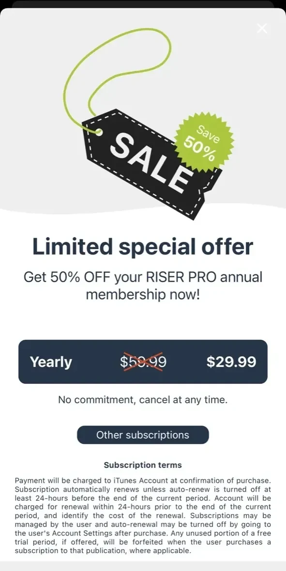 Riser paywall screen
