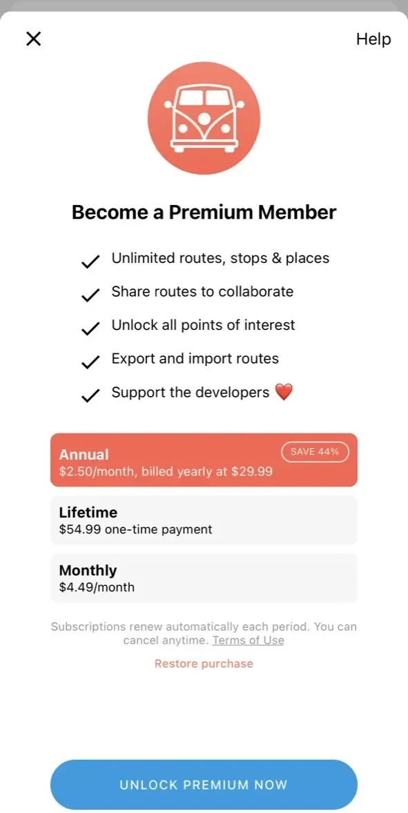 Roadie paywall screen