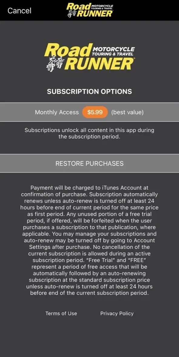 RoadRUNNER Motorcycle Magazine paywall screen