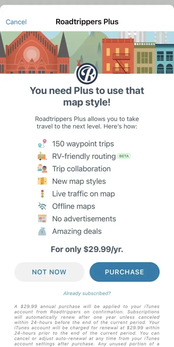 Roadtrippers paywall screen