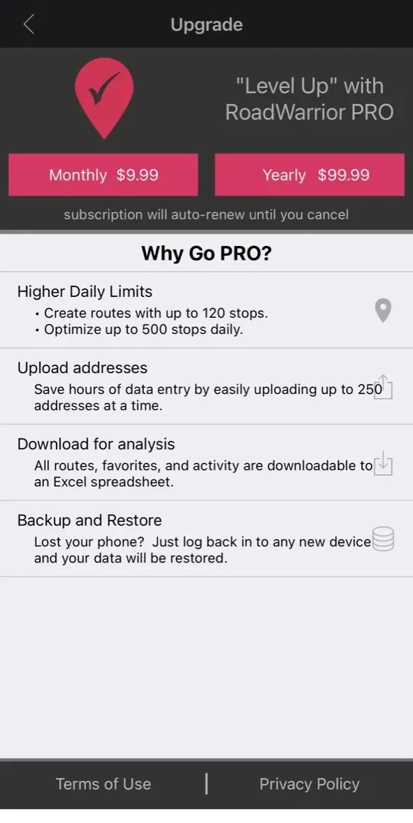 RoadWarrior Route Planner paywall screen