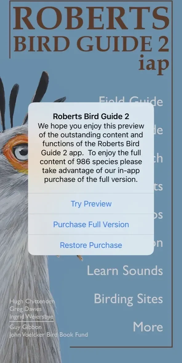 Roberts Bird Guide 2 iap paywall screen