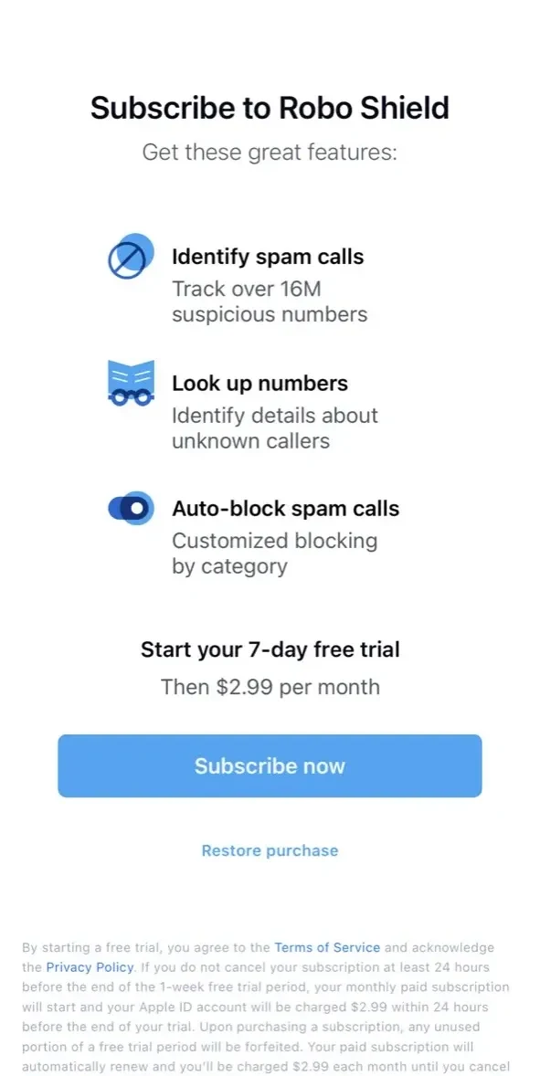 Robo Shield Spam Call Blocker paywall screen