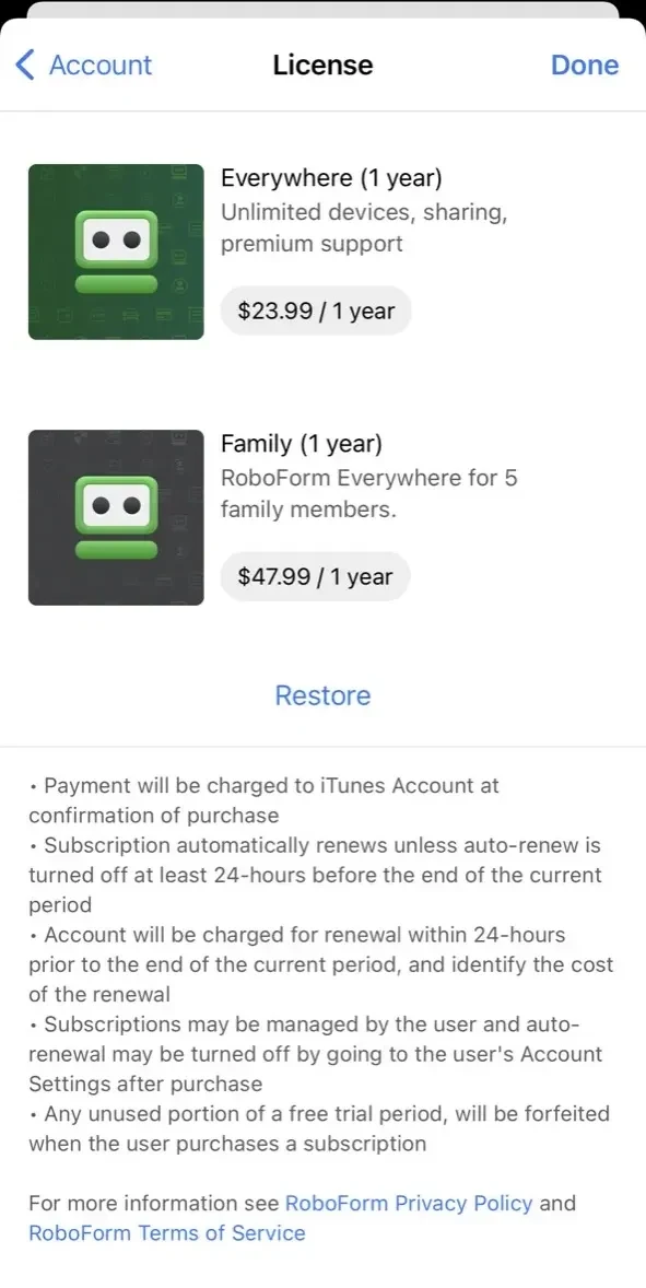 RoboForm Password Manager paywall screen