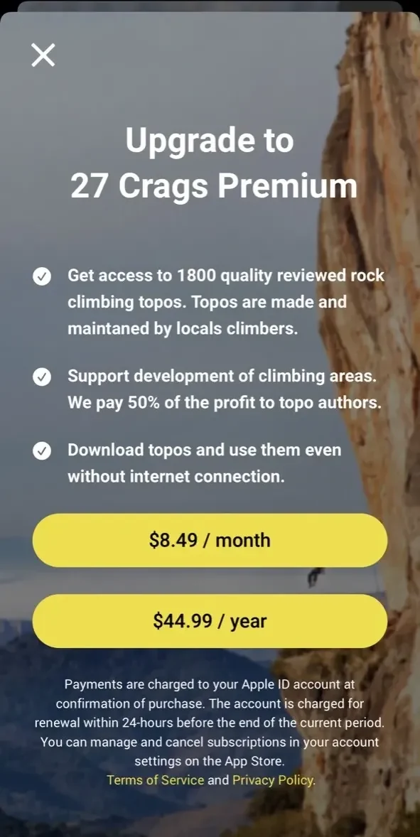 Rock Climbing Guide paywall screen
