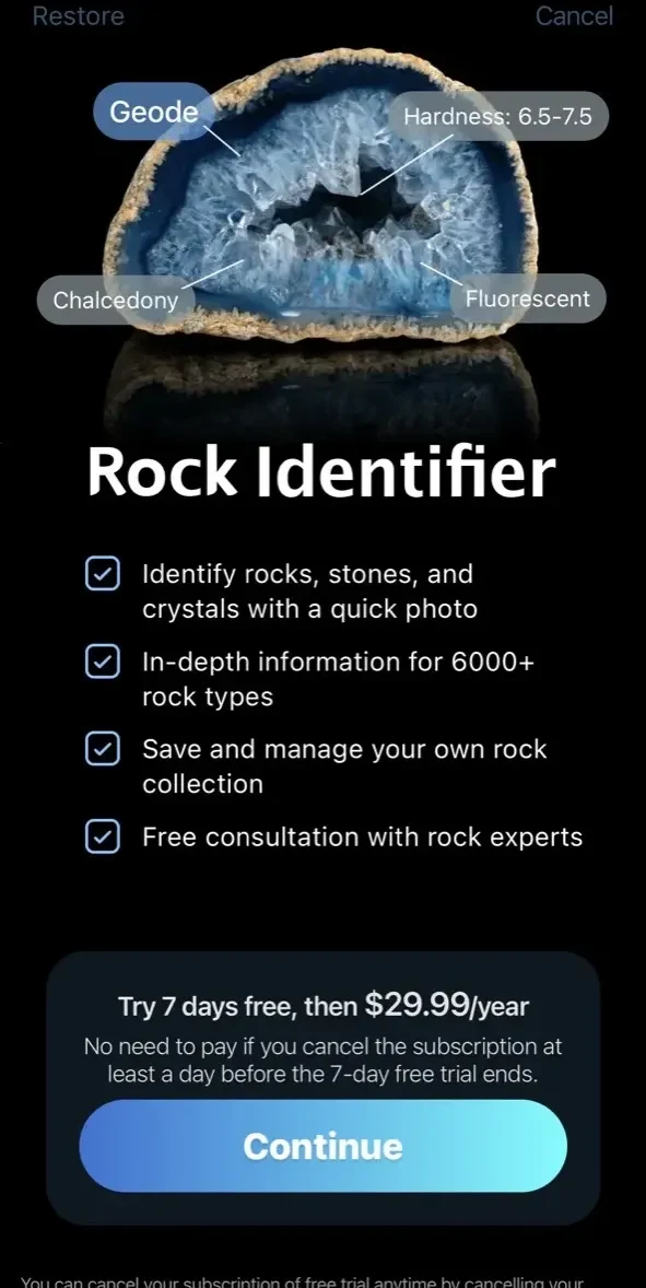 Rock Identifier paywall screen