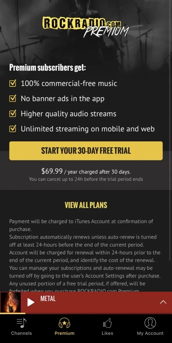 Rock Radio paywall screen
