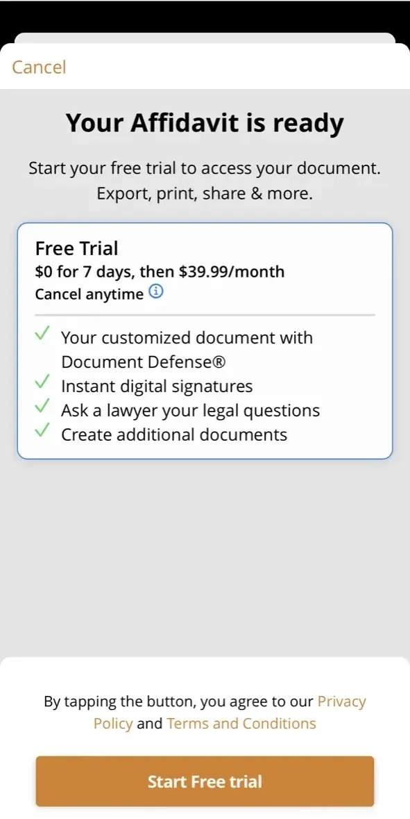 Rocket Lawyer Legal paywall screen