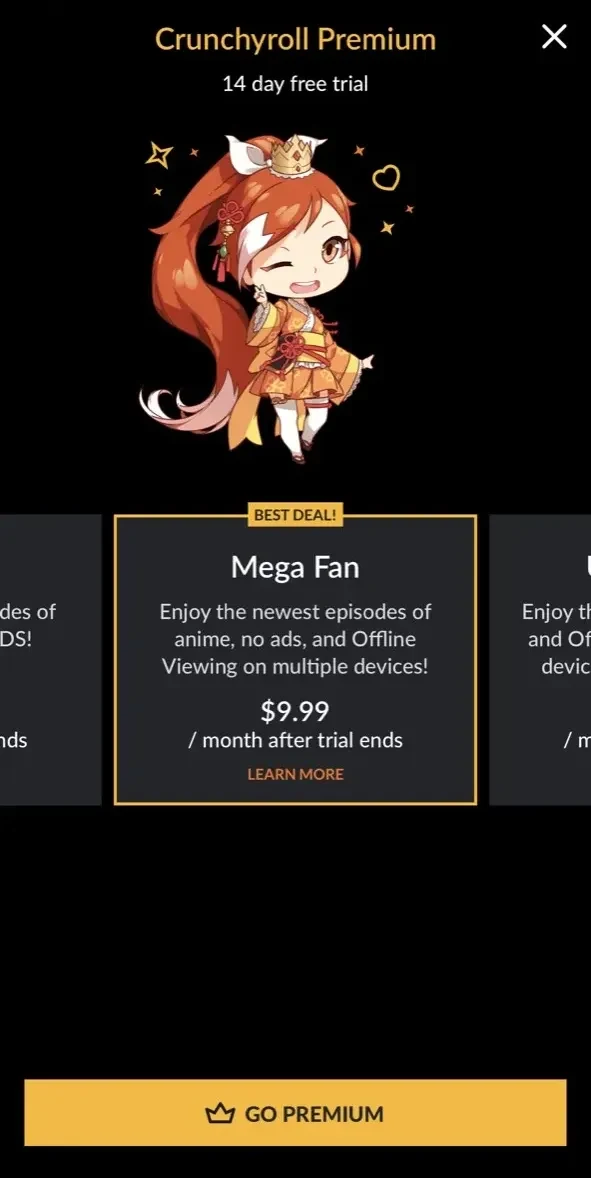 Crunchyroll paywall screen