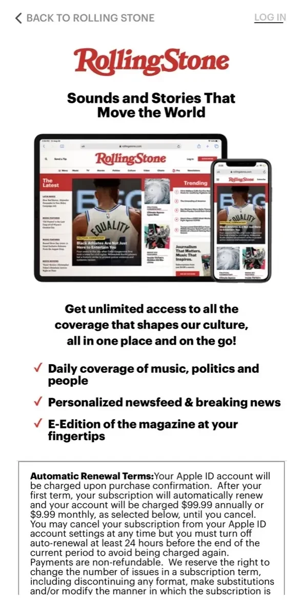 Rolling Stone Magazine paywall screen