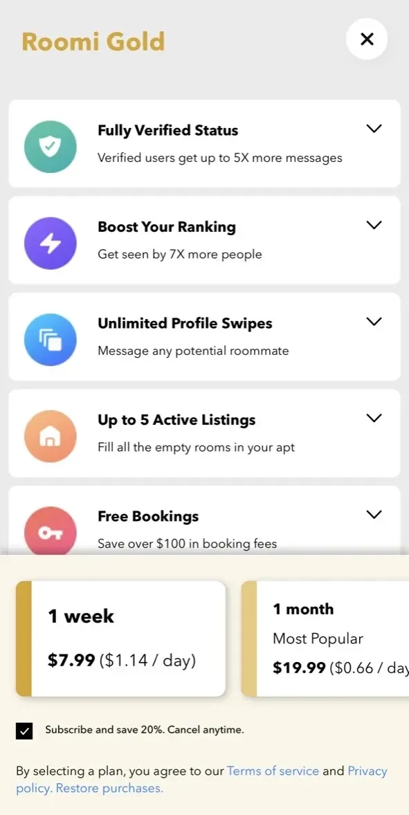 Roommates paywall screen
