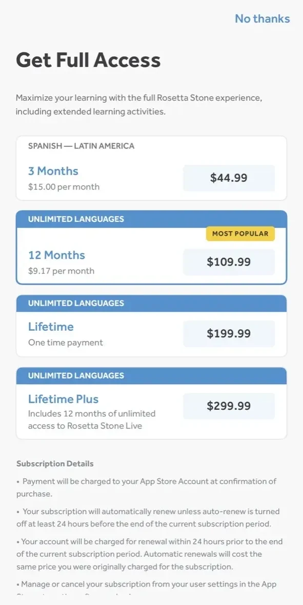 Rosetta Stone paywall screen