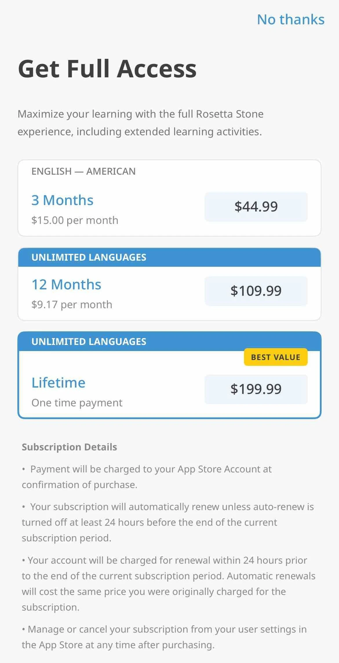 Rosetta Stone paywall screen