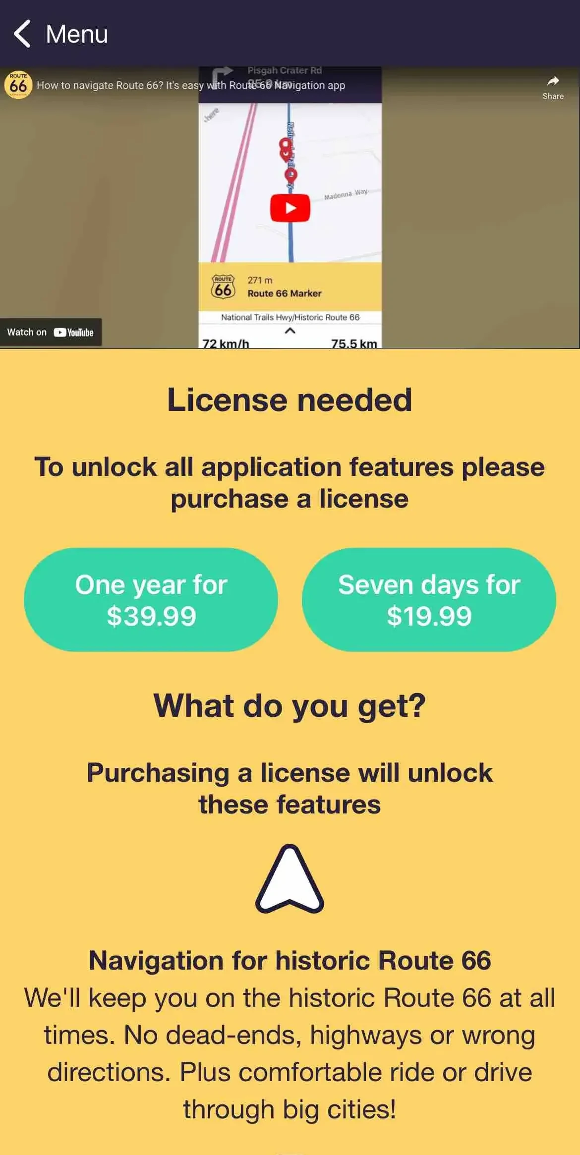 Route 66 Navigation paywall screen