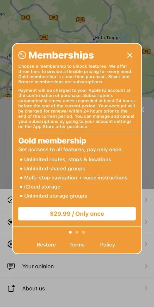 Route creator paywall screen