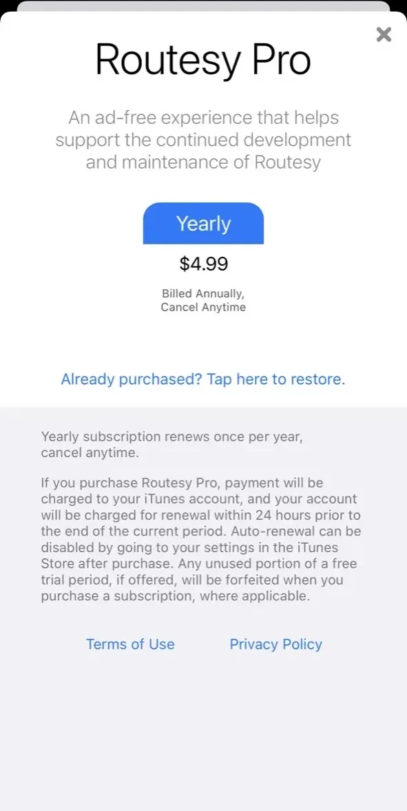 Routesy paywall screen