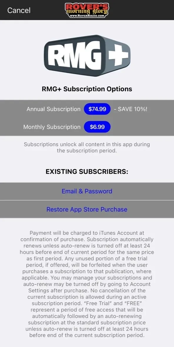 Rover's Morning Glory paywall screen