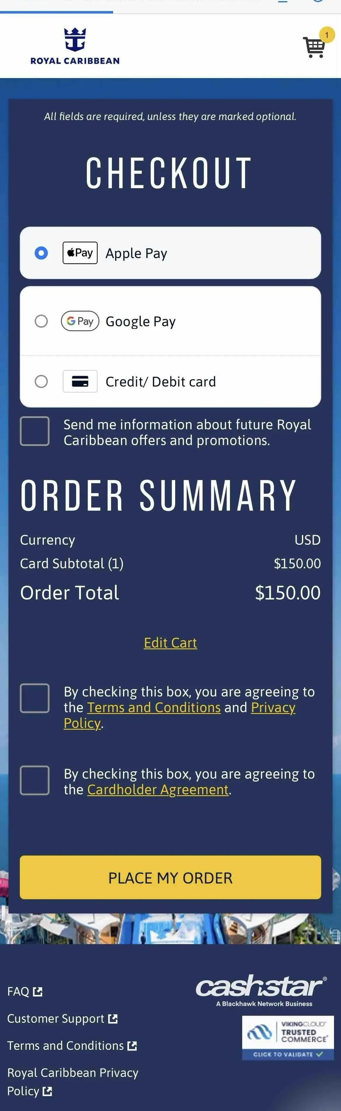 Royal Caribbean International paywall screen