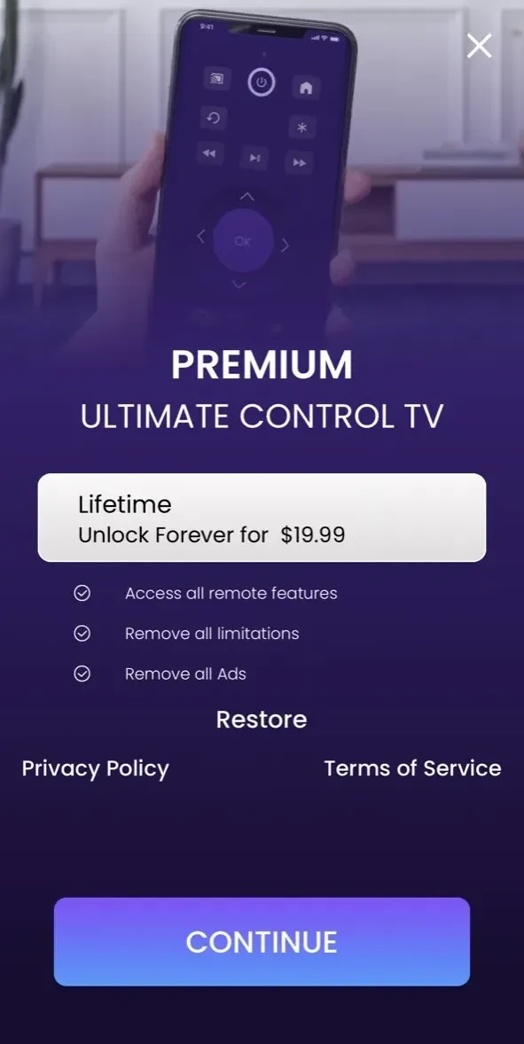 Roku Mobile App paywall screen