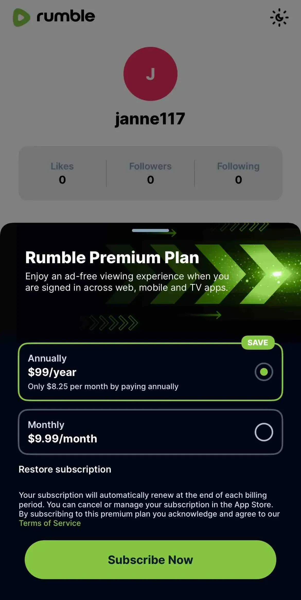 Rumble paywall screen